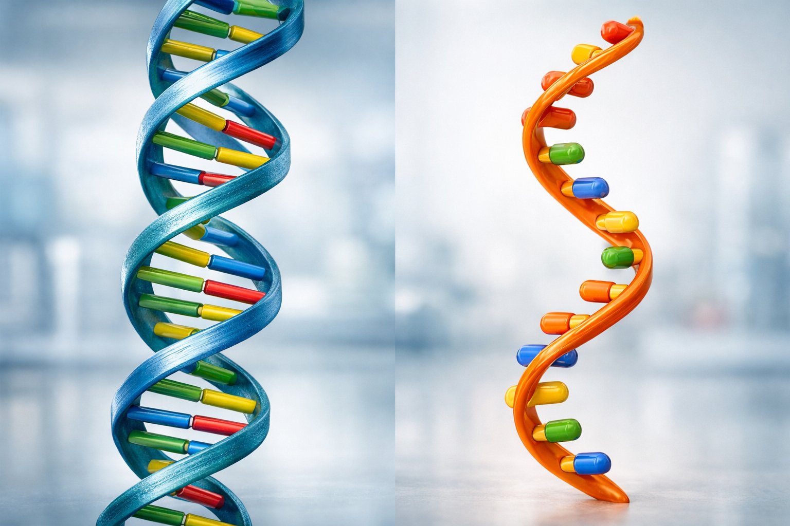 Prikaz molekularnih struktura DNA i RNA postavljenih jedna uz drugu radi usporedbe.