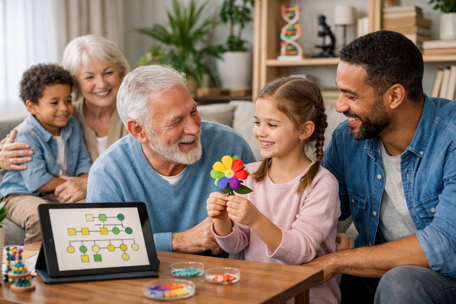 Obitelj različitih generacija u dnevnoj sobi, dijete drži cvijet, a na stolu je prikazan obiteljski rodoslov.
