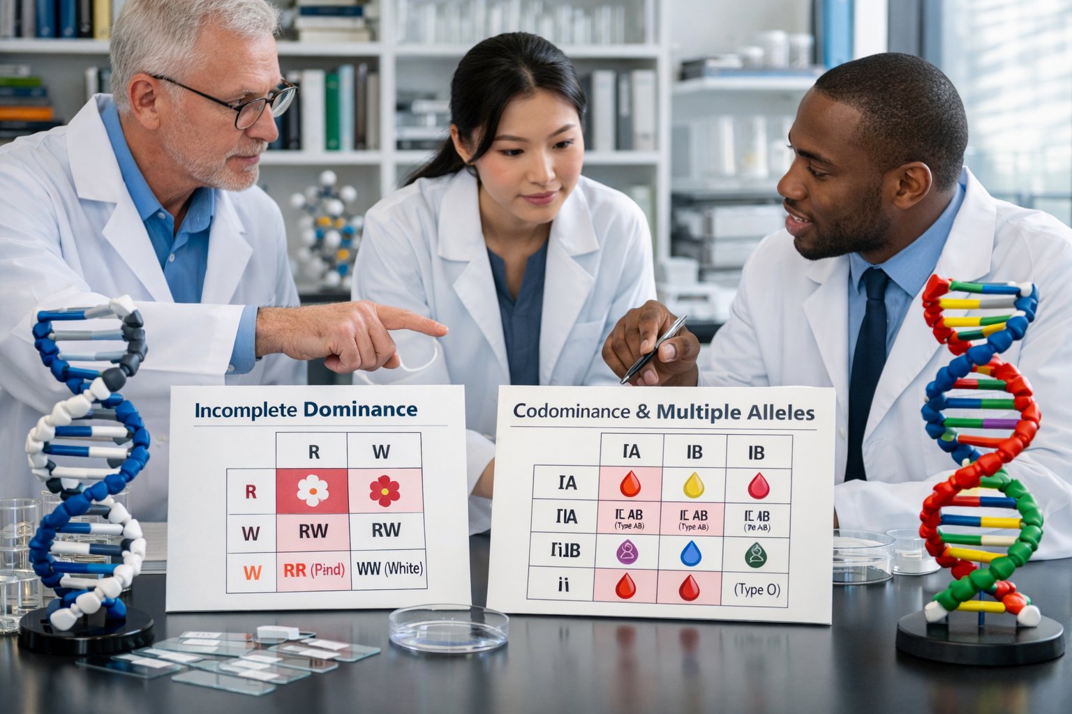 Znanstvenici u laboratoriju proučavaju modele DNK i genetske grafikone koji prikazuju složene obrasce nasljeđivanja.