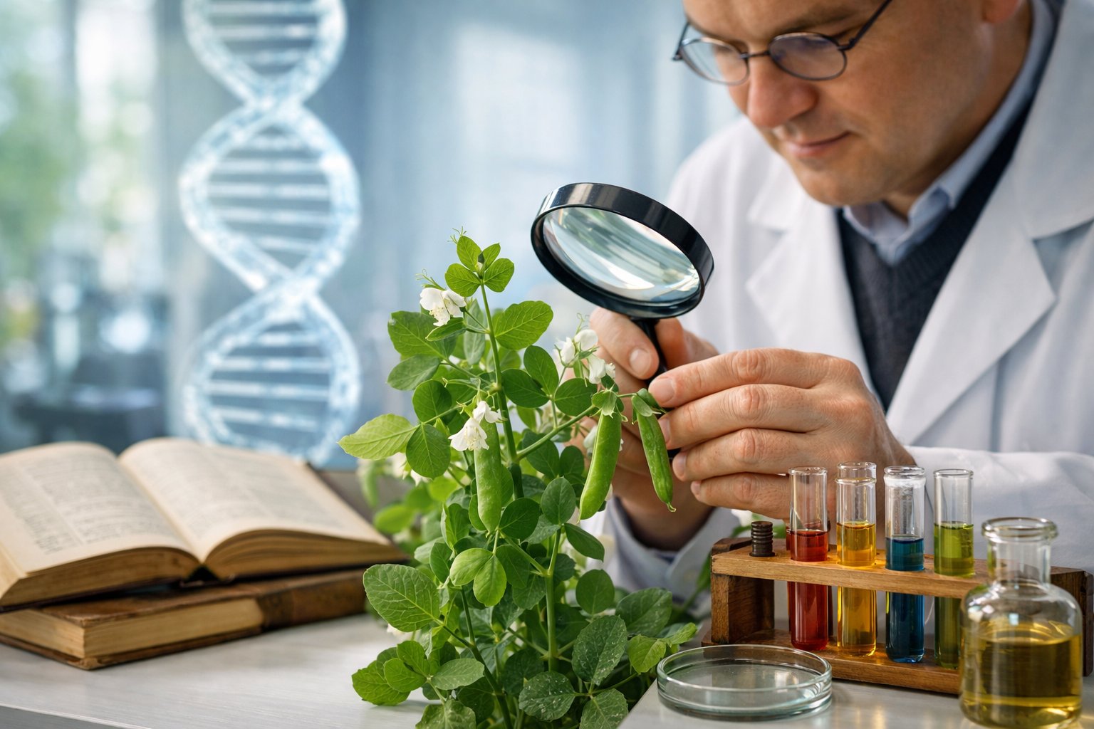 Znanstvenik u laboratoriju promatra grahorice uz stol s knjigama i staklenim epruvetama, u pozadini je model DNK spirale.