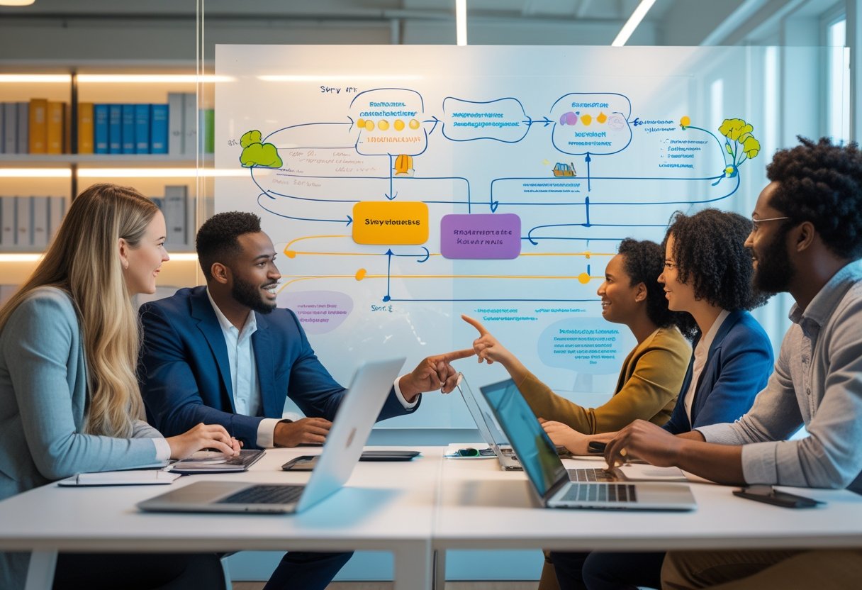 Storytelling: Grundlagen, Techniken und Anwendungen 2 Eine Gruppe von Menschen in einem modernen Büro diskutiert gemeinsam vor einem Whiteboard mit Skizzen und Diagrammen.