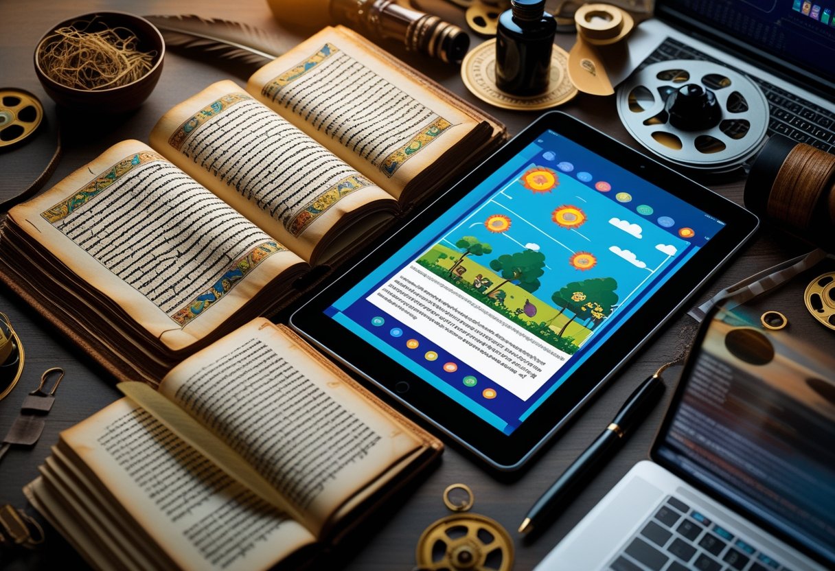 Storytelling: Grundlagen, Techniken und Anwendungen 3 Ein offenes altes Buch neben einem modernen Tablet, umgeben von Schreibutensilien und Mediengeräten, die die Entwicklung des Erzählens zeigen.