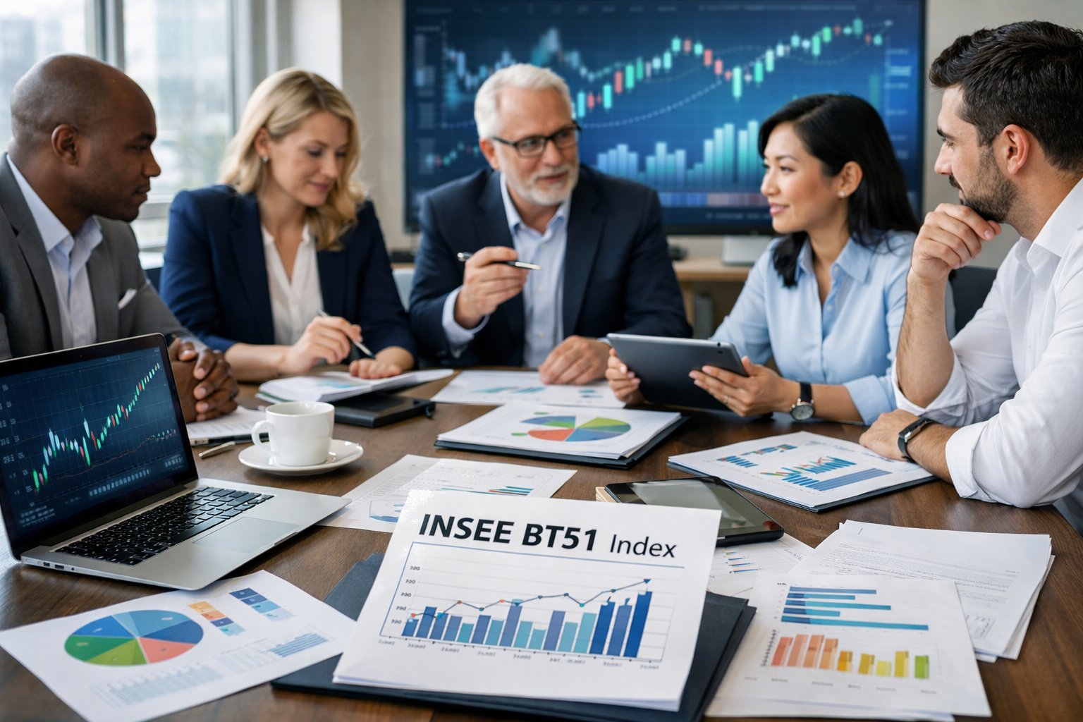 Des professionnels en réunion autour d'une table avec des ordinateurs et des graphiques, travaillant sur des données économiques.