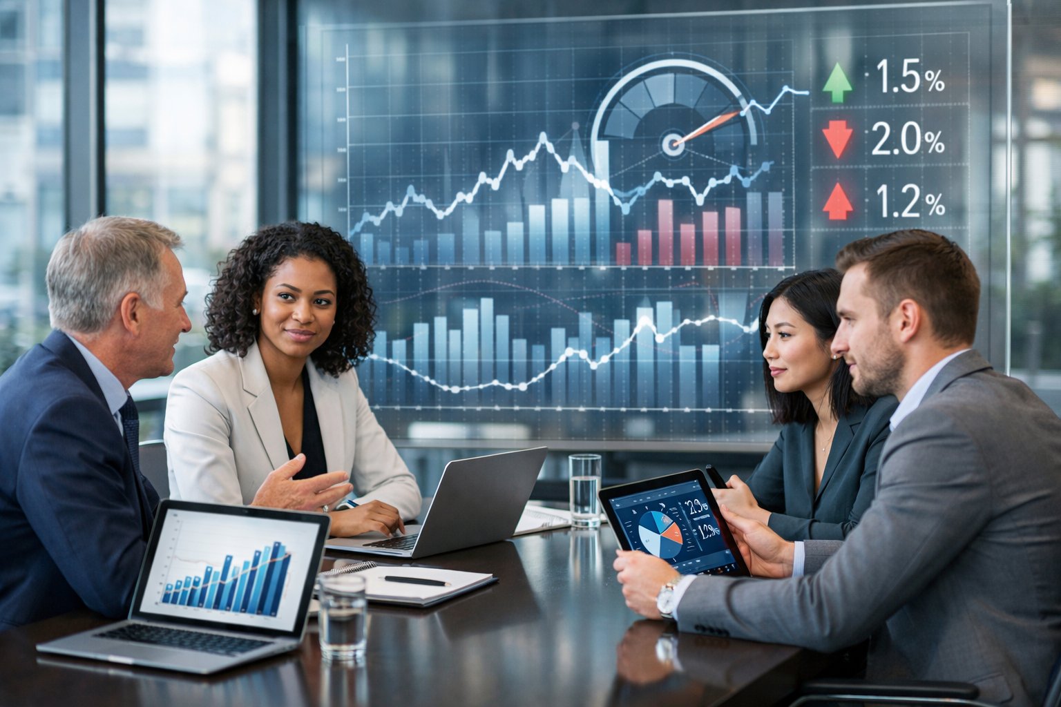 Des professionnels en réunion dans un bureau moderne, analysant des graphiques économiques sur des écrans numériques.