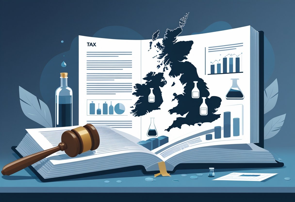 Illustration zeigt ein offenes Gesetzbuch, einen Richterhammer und eine Karte von Großbritannien mit Symbolen für Flüssigkeiten.