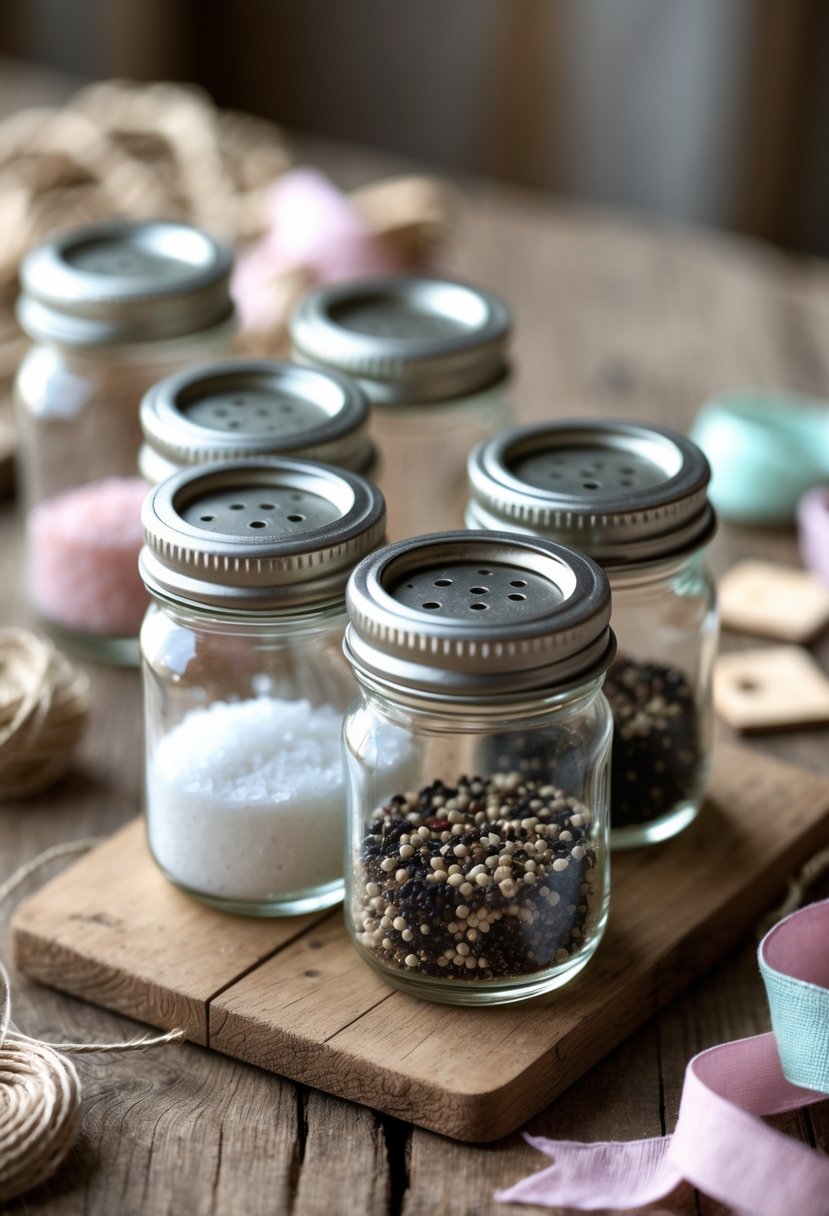 Mini jam jar salt and pepper shakers on a wooden table with craft materials around them.