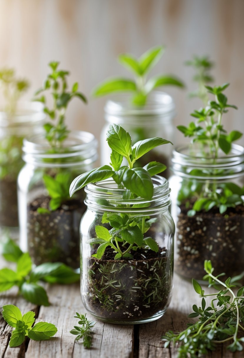 Mini jam jars filled with soil and green herbs arranged on a wooden surface.