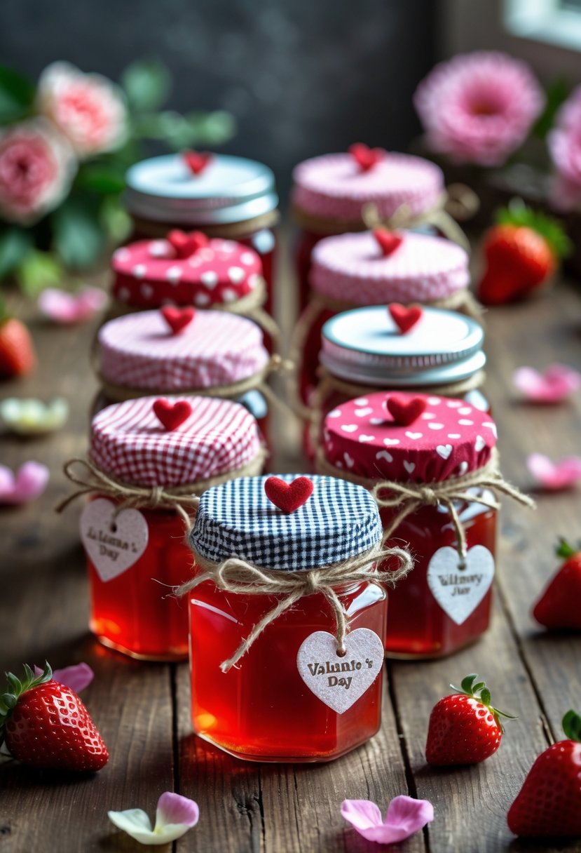 A collection of small jam jars decorated as Valentine's Day favors, arranged on a wooden table with rose petals and strawberries.