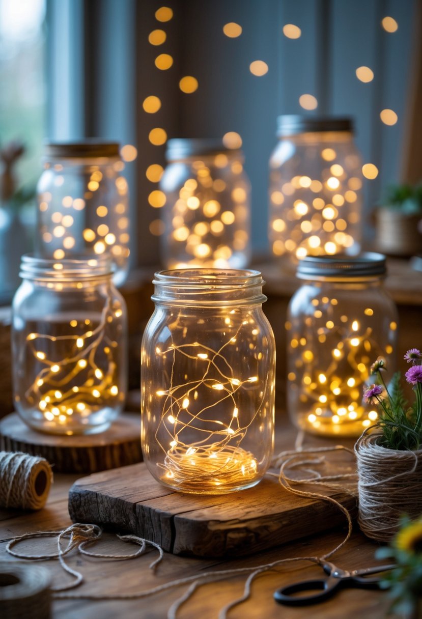 Several jam jars filled with glowing fairy lights arranged on a wooden table with craft materials around them.
