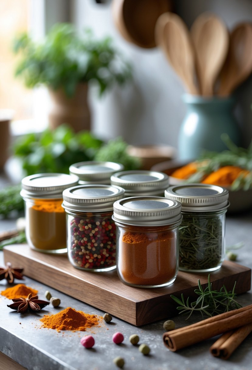 Mini jam jars filled with colorful spices arranged on a wooden tray on a kitchen countertop.