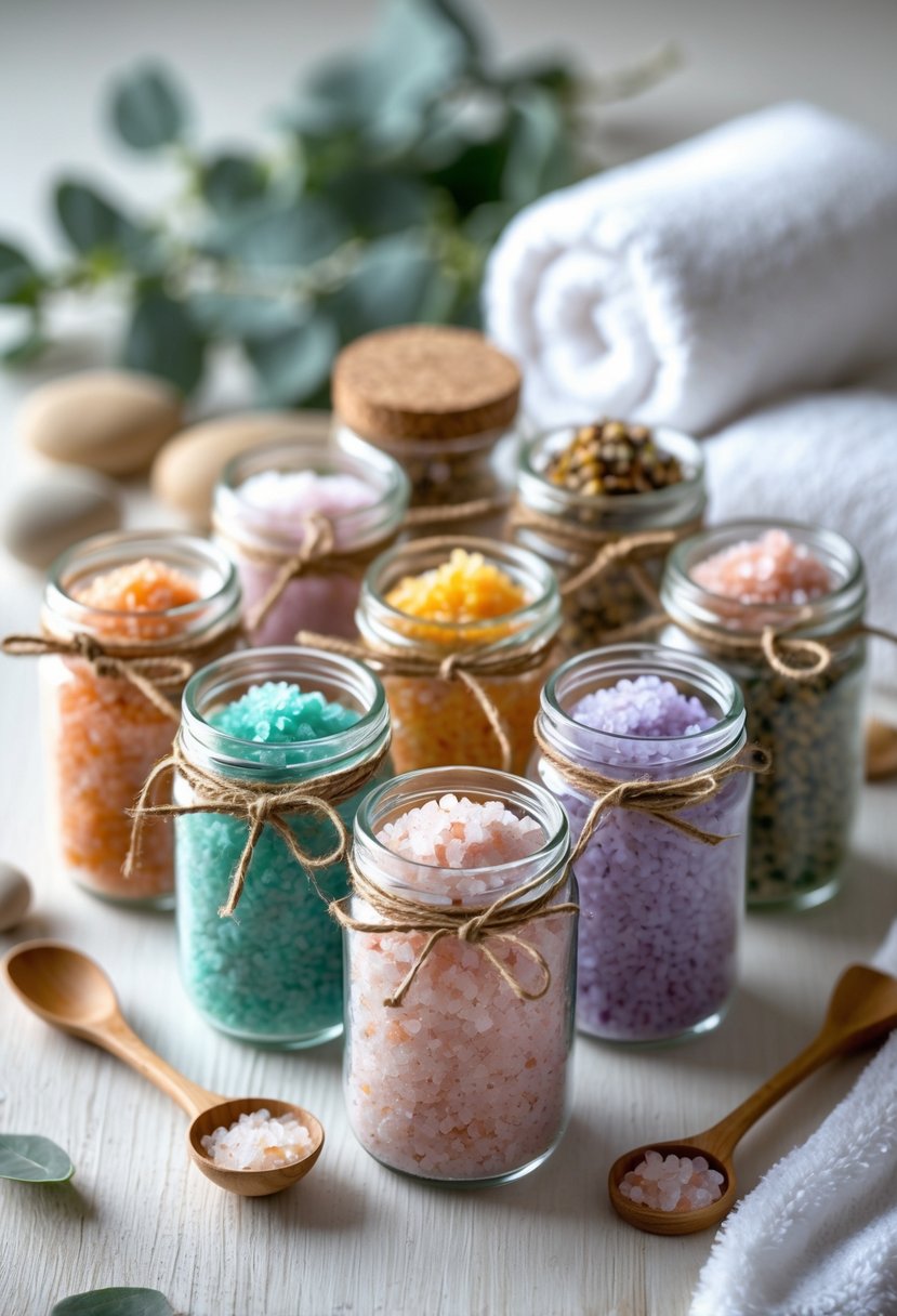 Small jam jars filled with colorful bath salts arranged on a wooden surface with spa elements in the background.