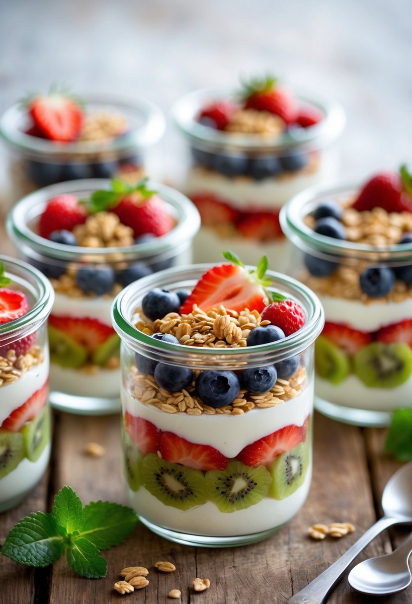 Several clear jam jars filled with layered desserts including fruit, cream, and granola arranged on a wooden table.