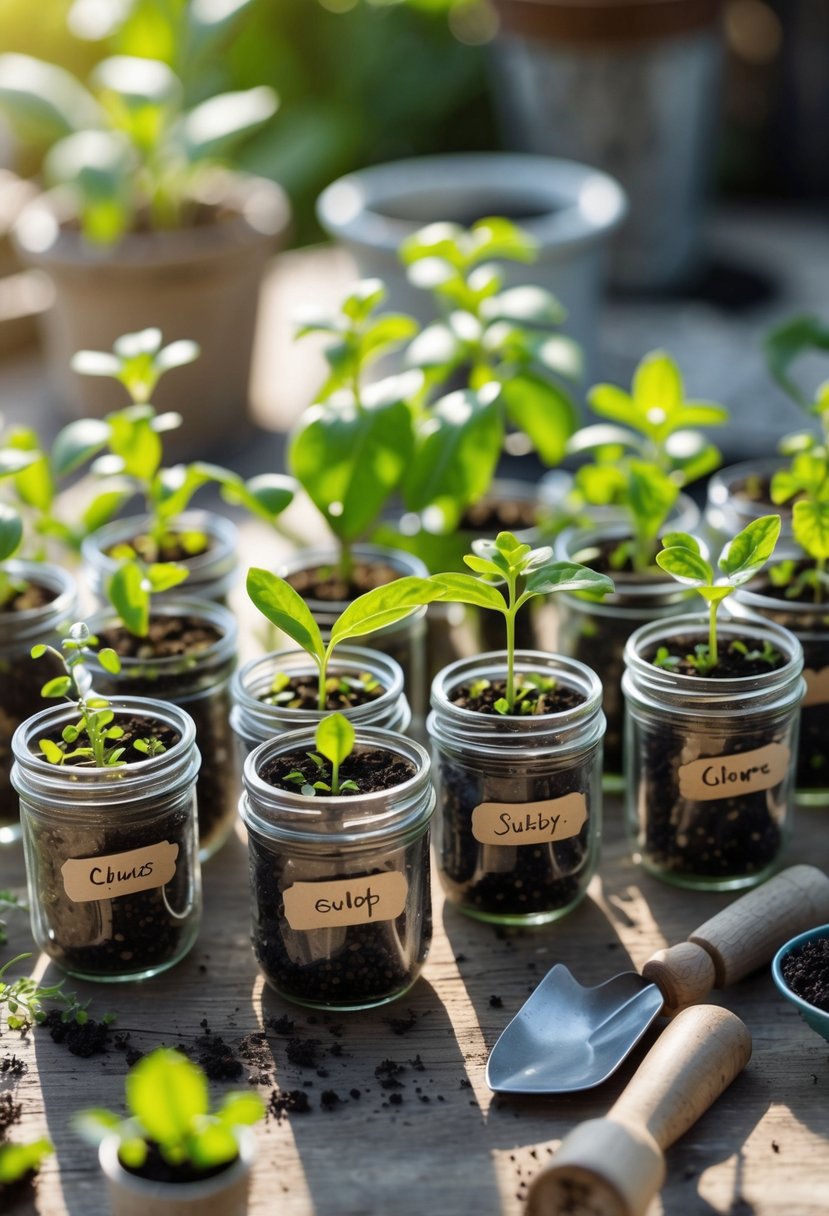 A collection of small jam jars filled with soil and young green seedlings arranged on a wooden surface with gardening tools nearby.