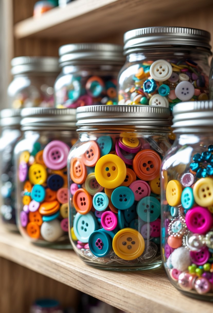Several clear jam jars filled with colorful buttons and craft embellishments arranged on a wooden surface.