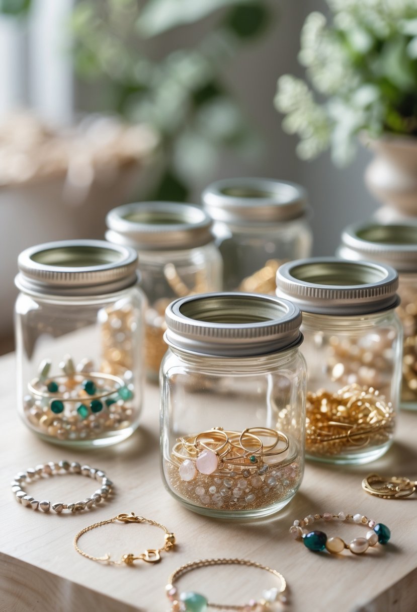 Small jam jars used as jewelry holders on a wooden surface with rings, earrings, and bracelets inside.