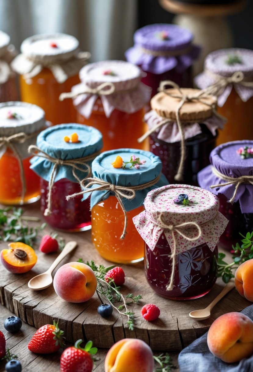 A variety of homemade jam jars with colorful jams, decorated with fabric covers and twine bows, arranged on a wooden table with fresh fruits and herbs.