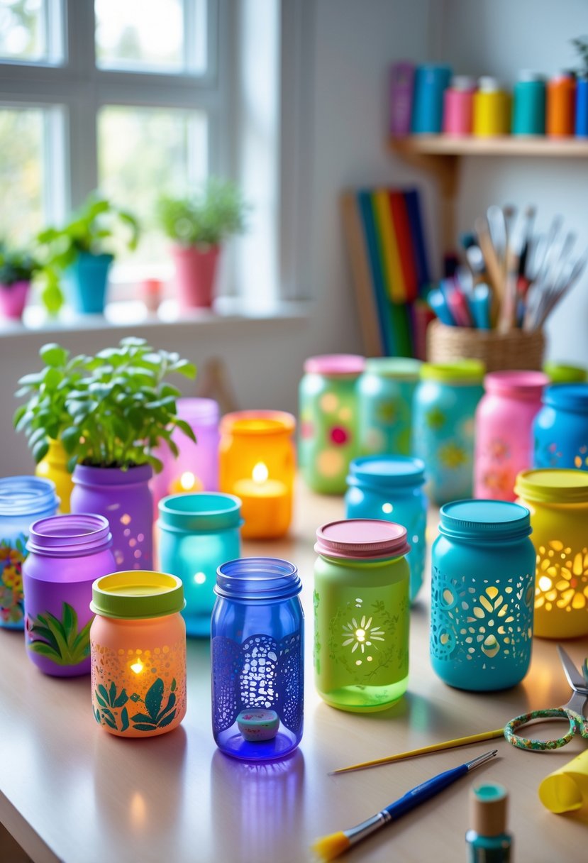 A collection of 17 colorful plastic jars creatively repurposed into planters, candle holders, storage containers, bird feeders, and decorative lanterns arranged on a wooden table in a craft room.