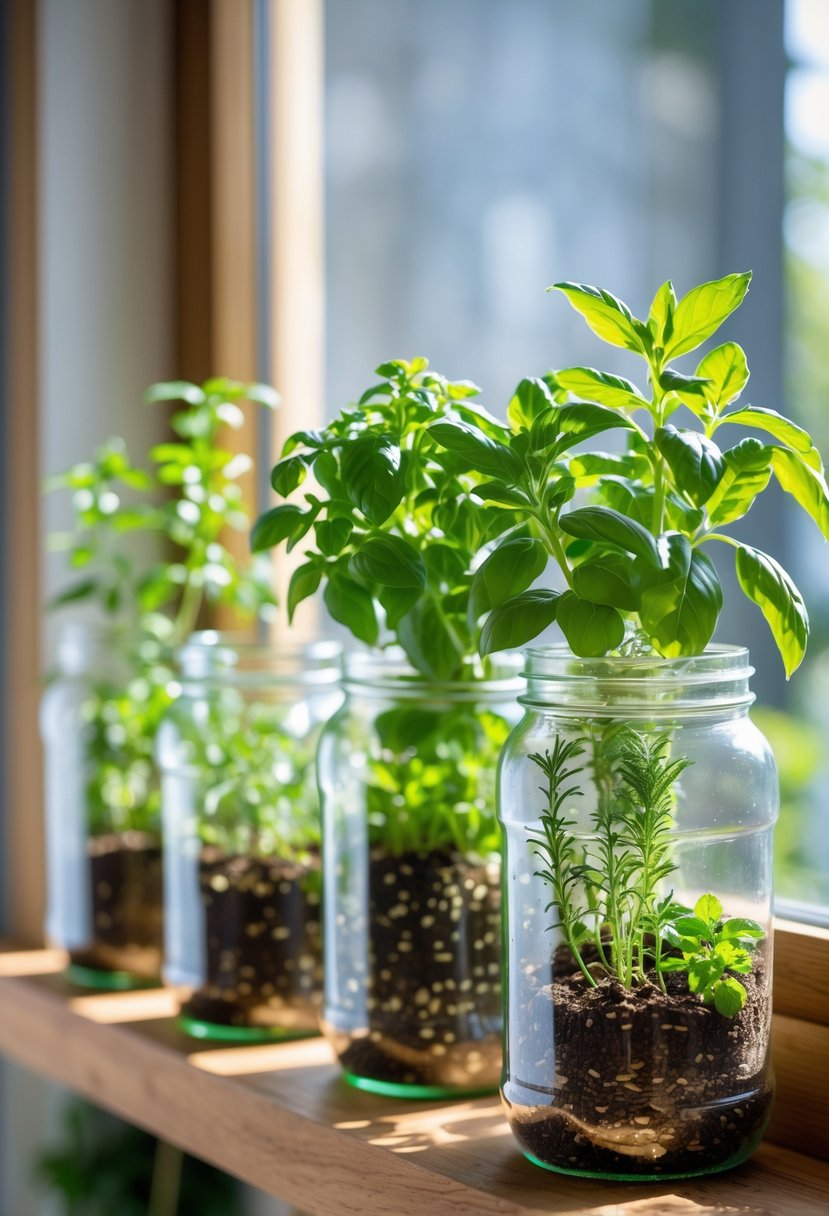 Indoor herb garden made from clear plastic jars filled with green herbs on a wooden shelf by a sunlit window.