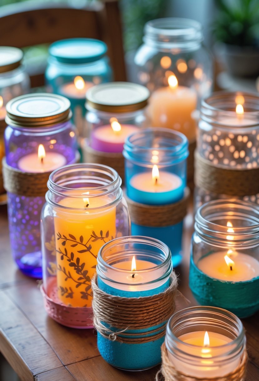 A collection of colorful plastic jars repurposed as candle holders with lit candles inside, arranged on a wooden table.