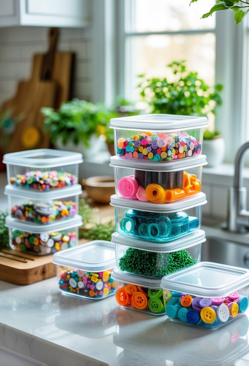 A kitchen countertop with clear stackable plastic jars filled with colorful craft supplies arranged neatly.