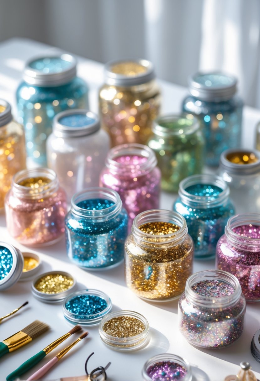A collection of plastic jars filled with colorful glitter and craft supplies arranged on a white surface.