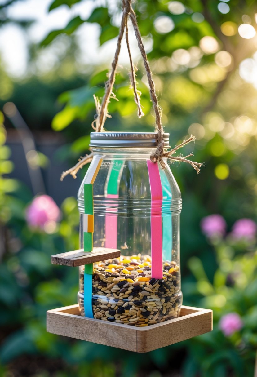 A plastic jar bird feeder hanging in a garden with seeds inside and greenery in the background.