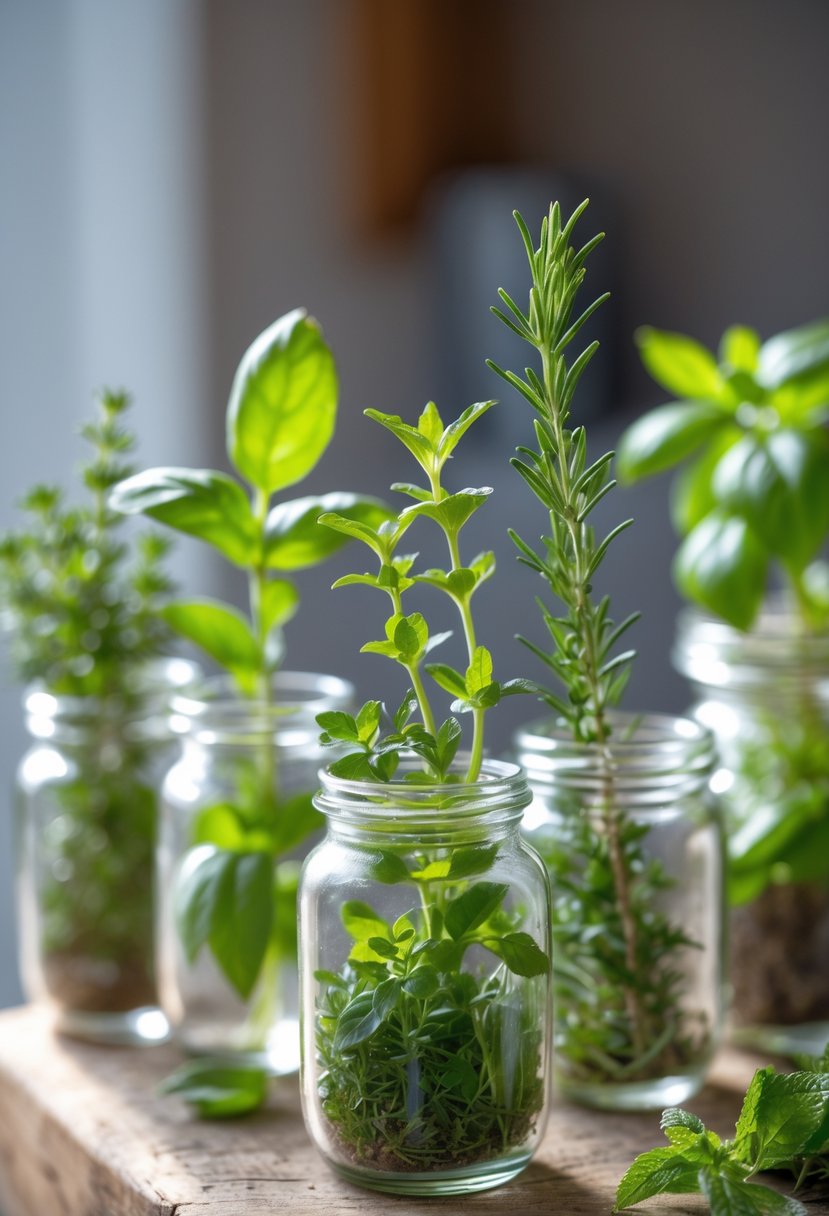 A collection of tiny glass jars filled with various fresh herb plants arranged on a wooden surface.
