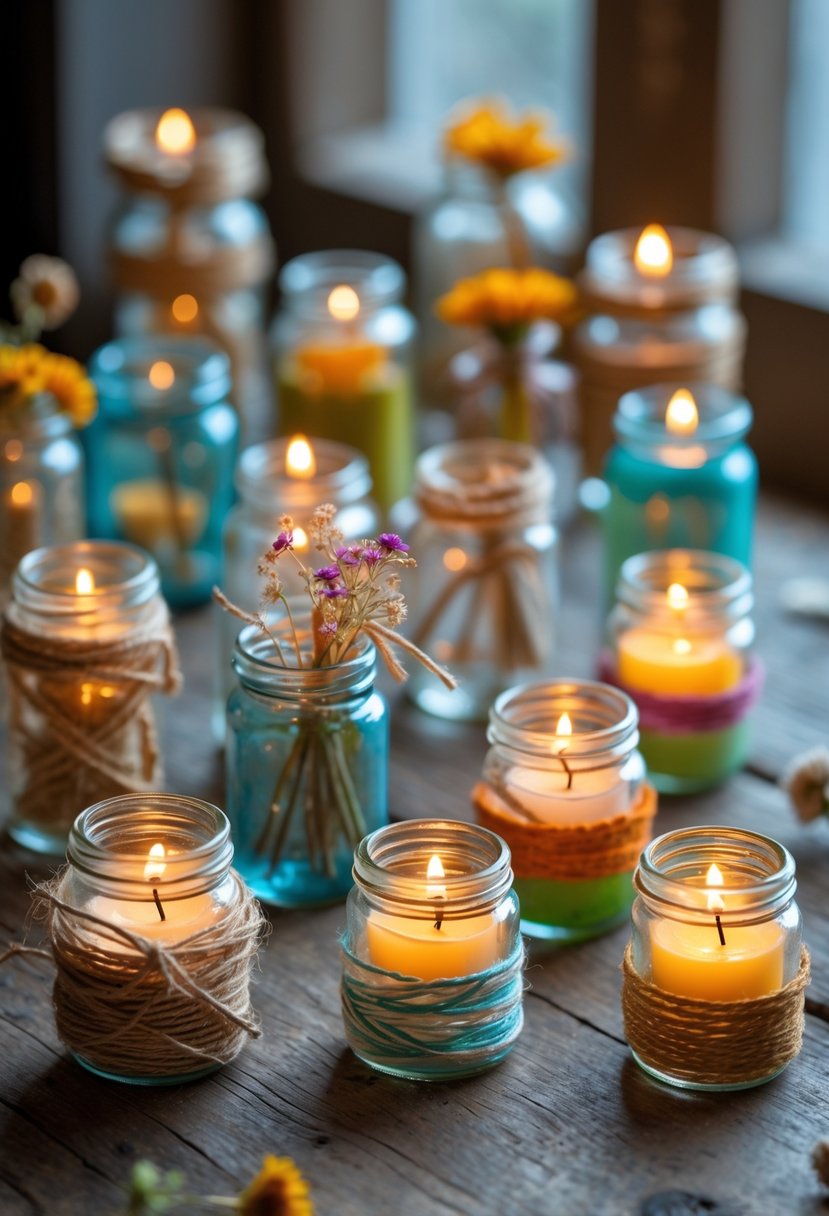 A collection of small decorated glass jars holding lit candles arranged on a wooden surface.