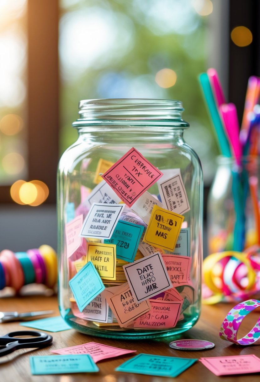 A glass jar filled with colorful date tickets and notes on a wooden table surrounded by crafting supplies.