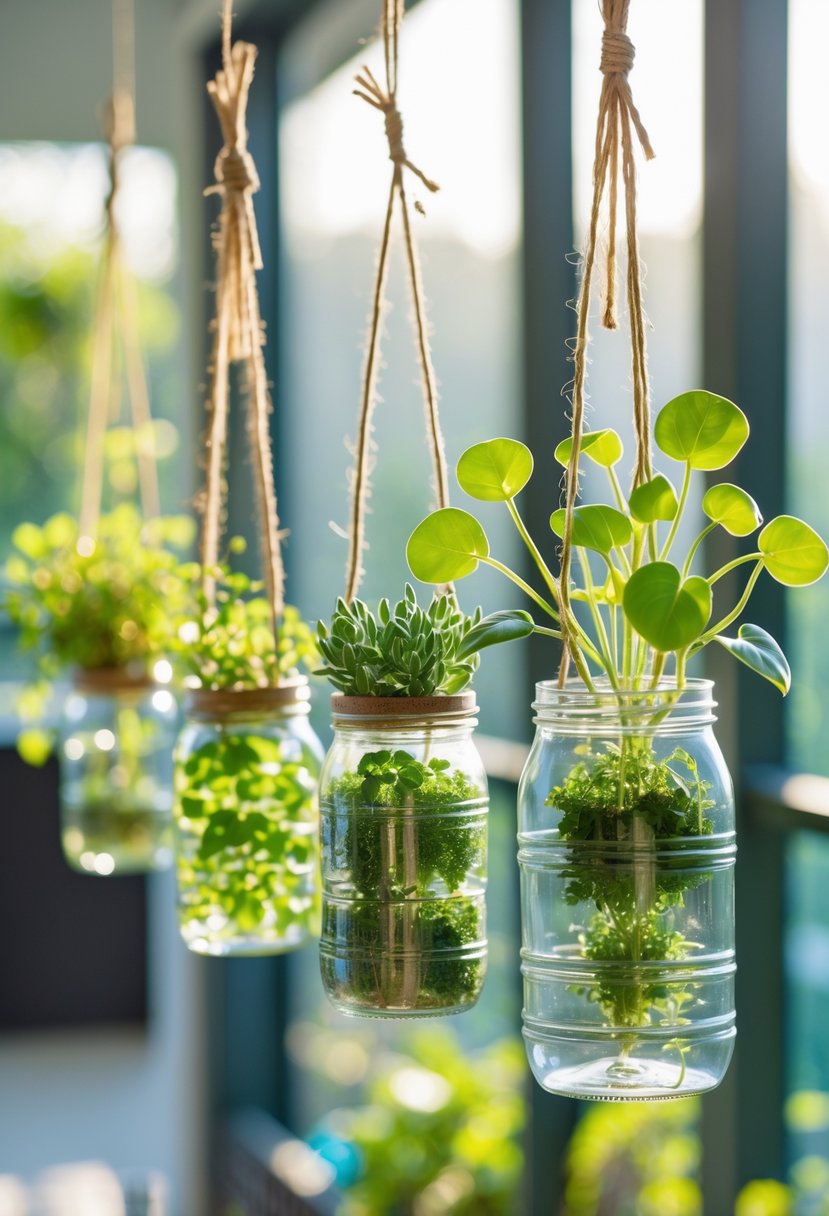 Several hanging plastic jar planters with green plants suspended by cords in a bright indoor garden setting.