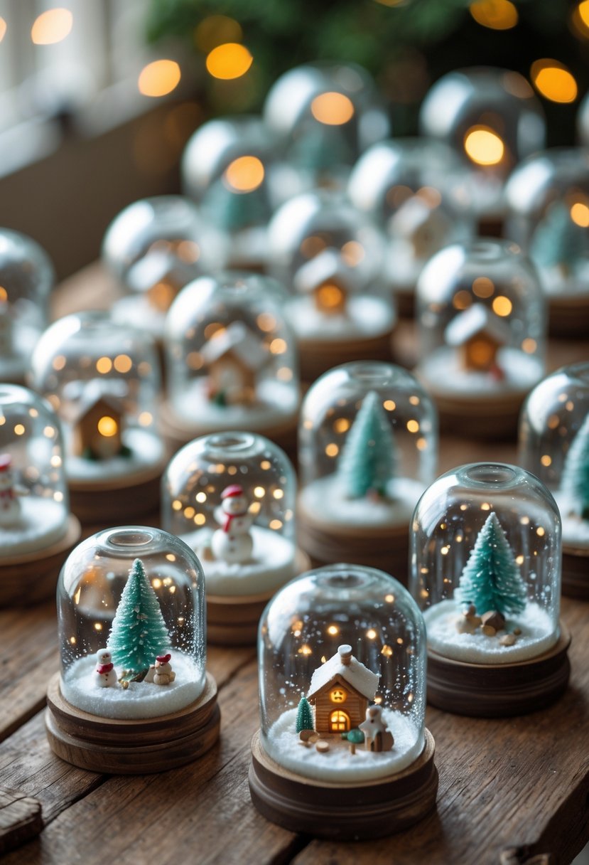 Sixteen small glass jars filled with miniature winter scenes and snow suspended inside, arranged on a wooden surface.