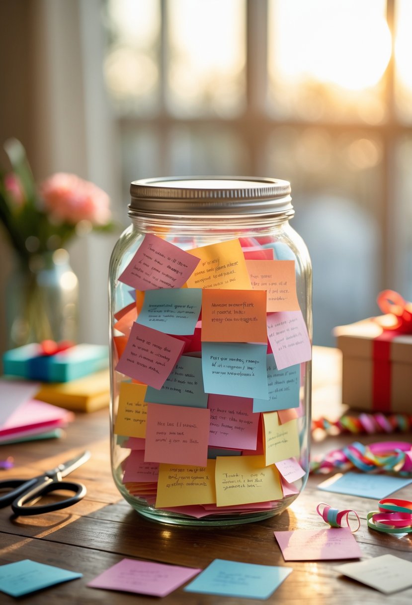 A glass jar filled with many folded colorful notes on a wooden table surrounded by crafting supplies.