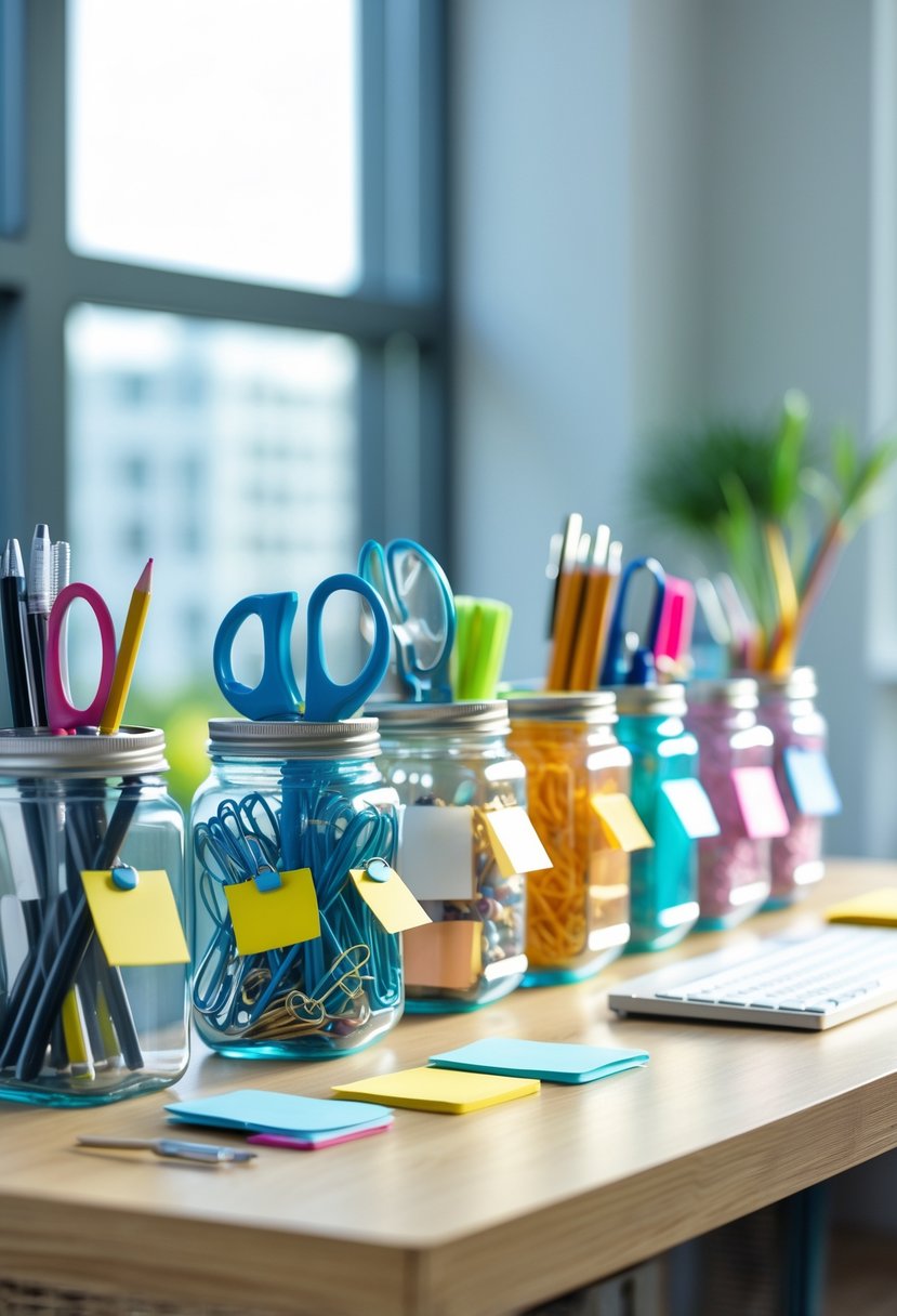 A desk with various plastic jars used as organizers holding pens, pencils, scissors, and other office supplies.