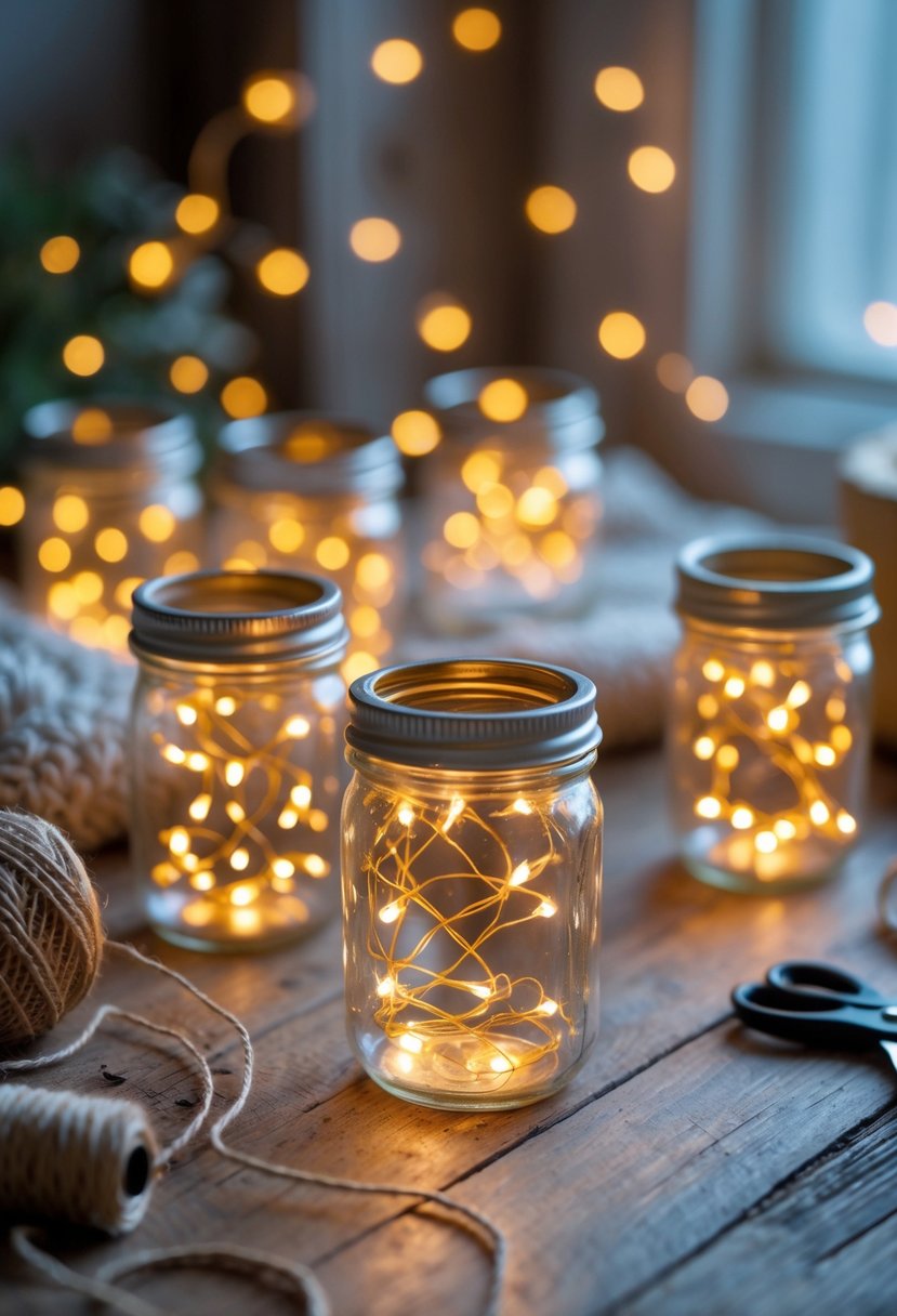 Several small mason jars filled with glowing fairy lights arranged on a wooden surface with crafting materials nearby.