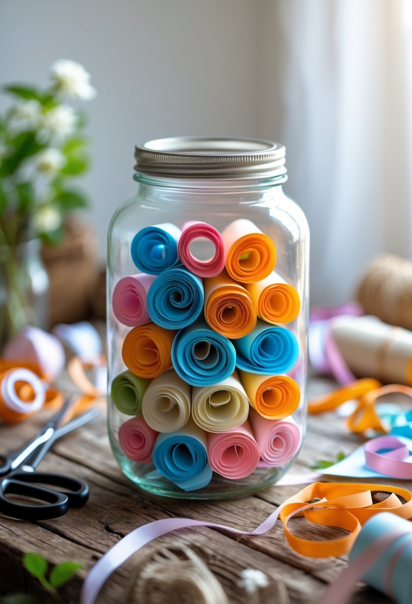 A glass jar filled with colorful rolled notes on a wooden table surrounded by crafting supplies like scissors, ribbons, and paper.