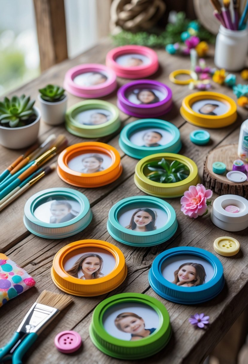 A table with colorful plastic jar lid photo frames holding small photos, surrounded by crafting supplies.