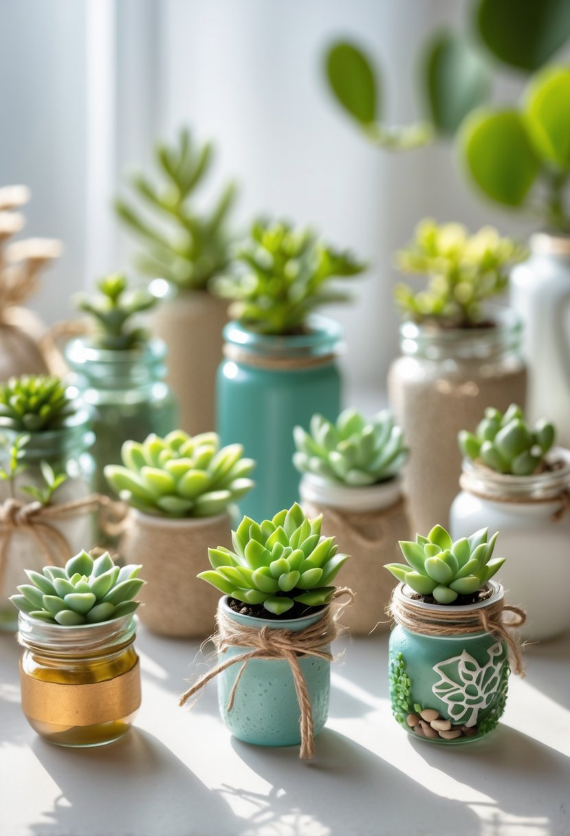 A collection of tiny succulent plants in small handcrafted jars and mini planters arranged on a neutral surface.