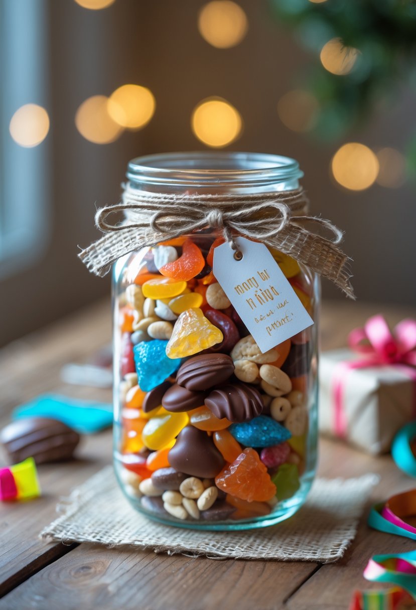 A glass jar filled with colorful snacks and decorated with twine and a handmade tag, sitting on a wooden table with craft supplies around it.