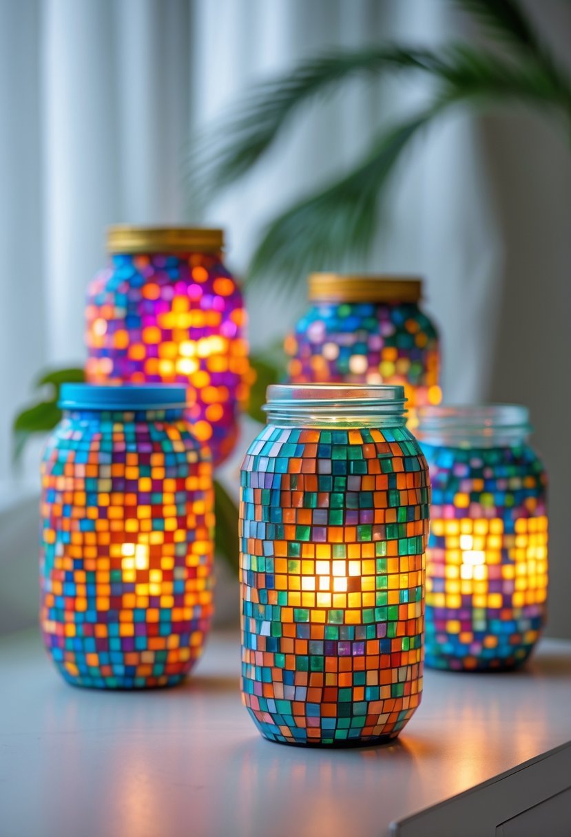 A group of colorful mosaic lamps made from recycled plastic jars arranged on a surface, glowing warmly.