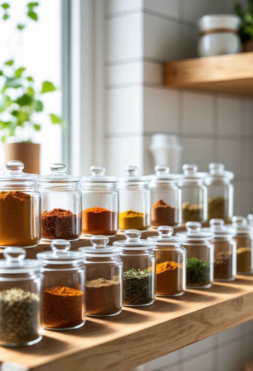 A collection of sixteen small glass spice jars filled with various colorful spices arranged neatly on a wooden kitchen shelf.