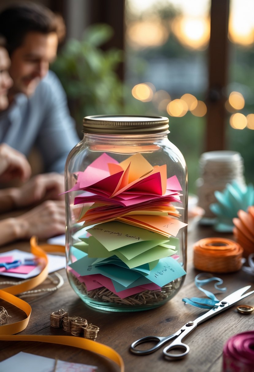 A glass jar filled with colorful folded notes on a wooden table surrounded by craft supplies in a cozy setting.