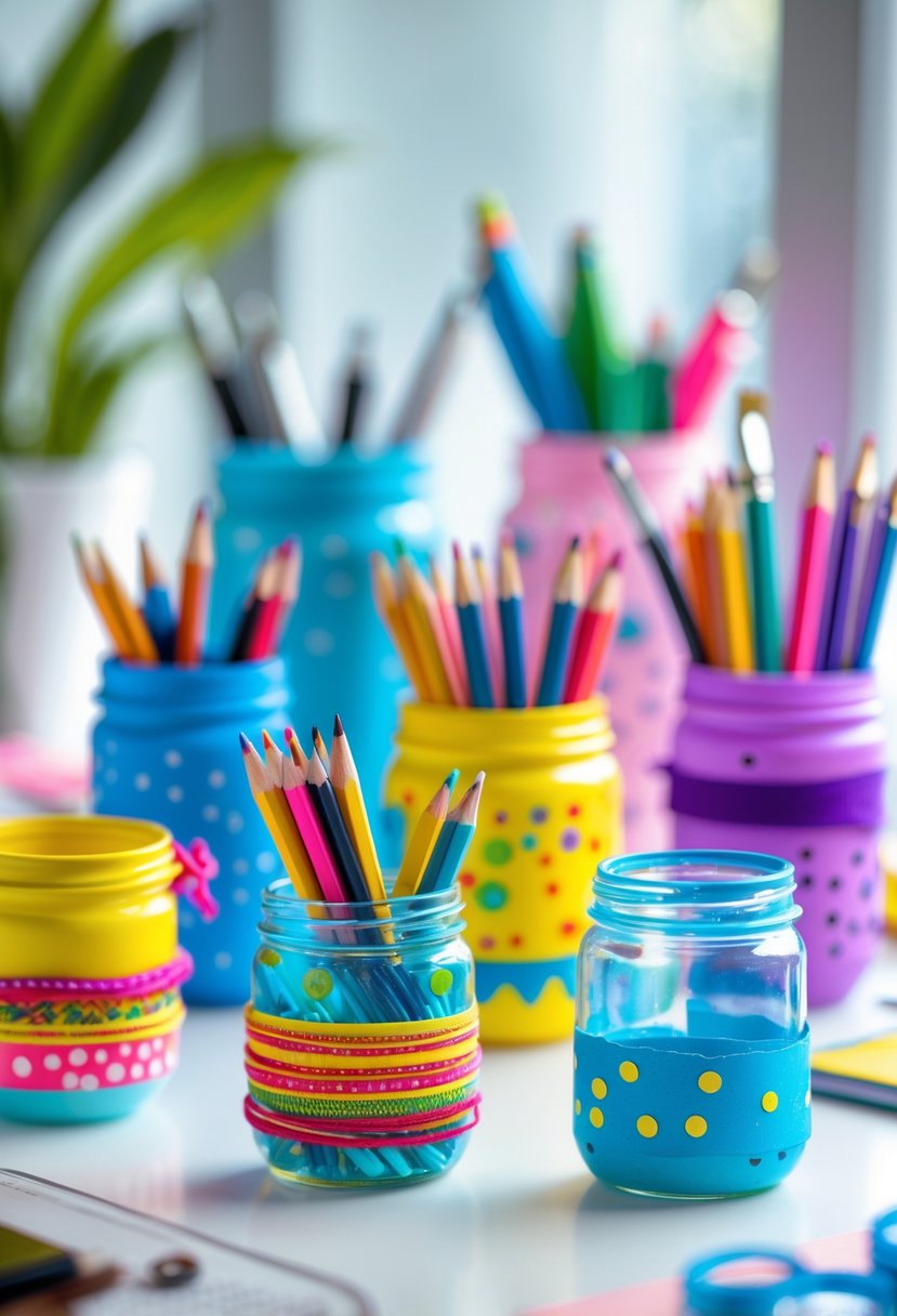 A collection of colorful plastic jar pencil holders filled with pencils and pens arranged on a desk.