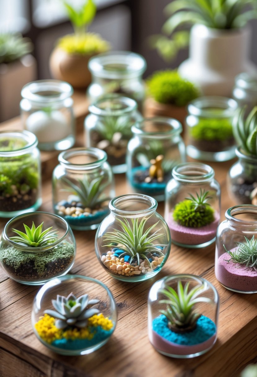 A collection of sixteen small glass jars filled with miniature plants and decorative elements arranged on a wooden surface.