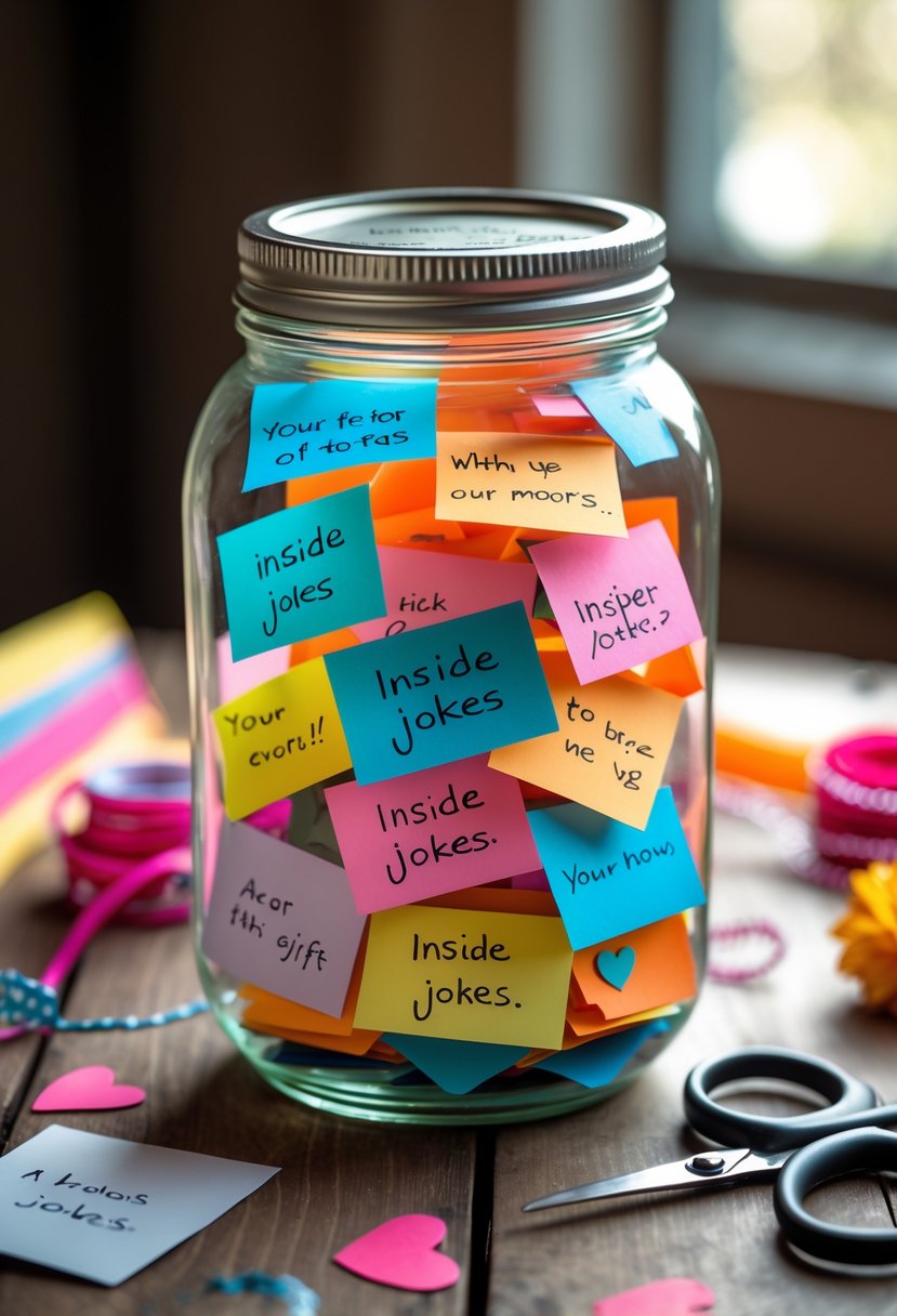 A glass jar filled with colorful handwritten notes on a wooden table surrounded by crafting supplies.