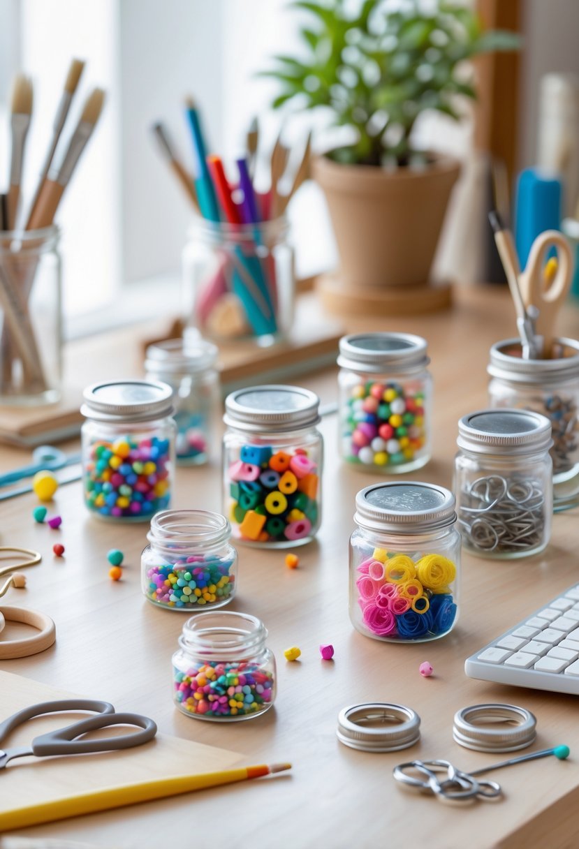 A tidy desk with small glass jars holding colorful craft supplies like beads, buttons, and pins, along with scissors and paintbrushes.