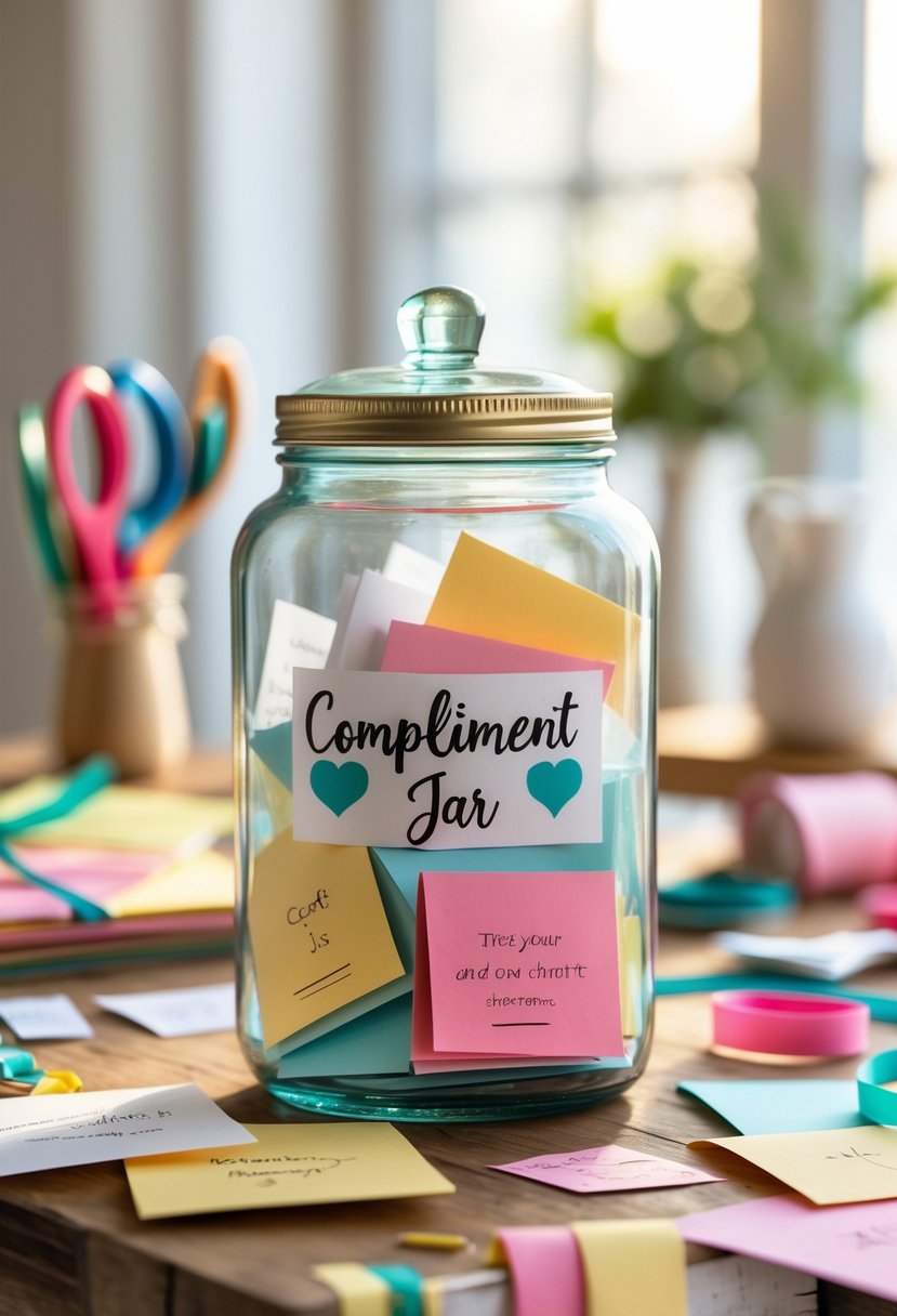 A glass jar filled with colorful folded notes on a wooden table surrounded by craft supplies like scissors, paper, and markers.