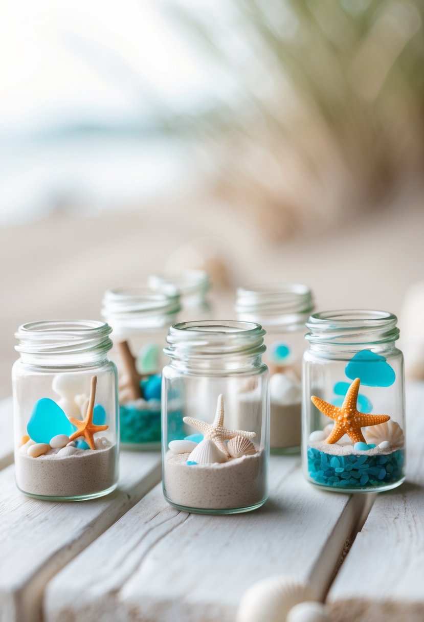 Several small glass jars containing miniature beach scenes with sand, seashells, starfish, and sea glass arranged on a wooden surface.