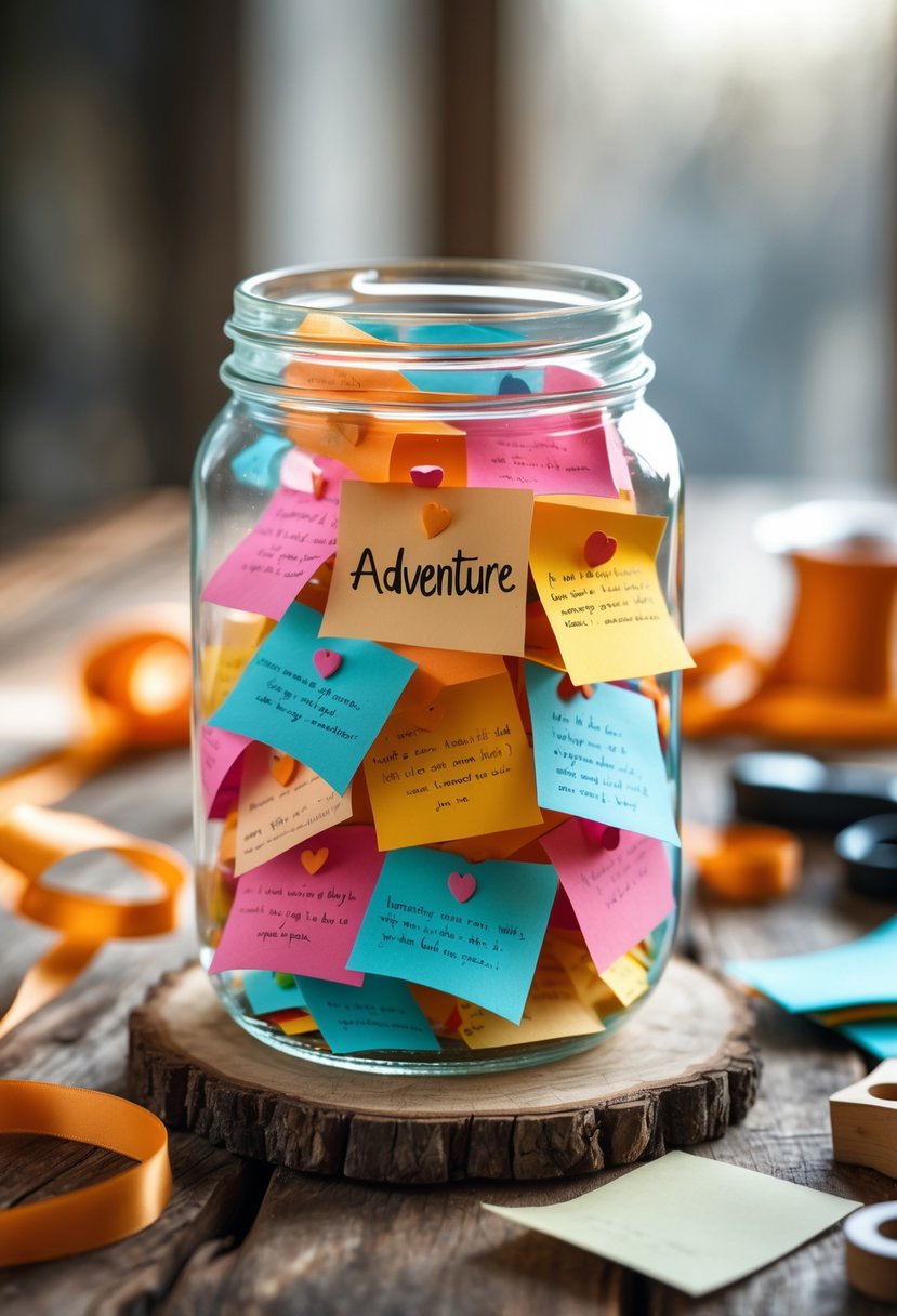 A glass jar filled with colorful folded paper notes on a wooden table surrounded by craft supplies.