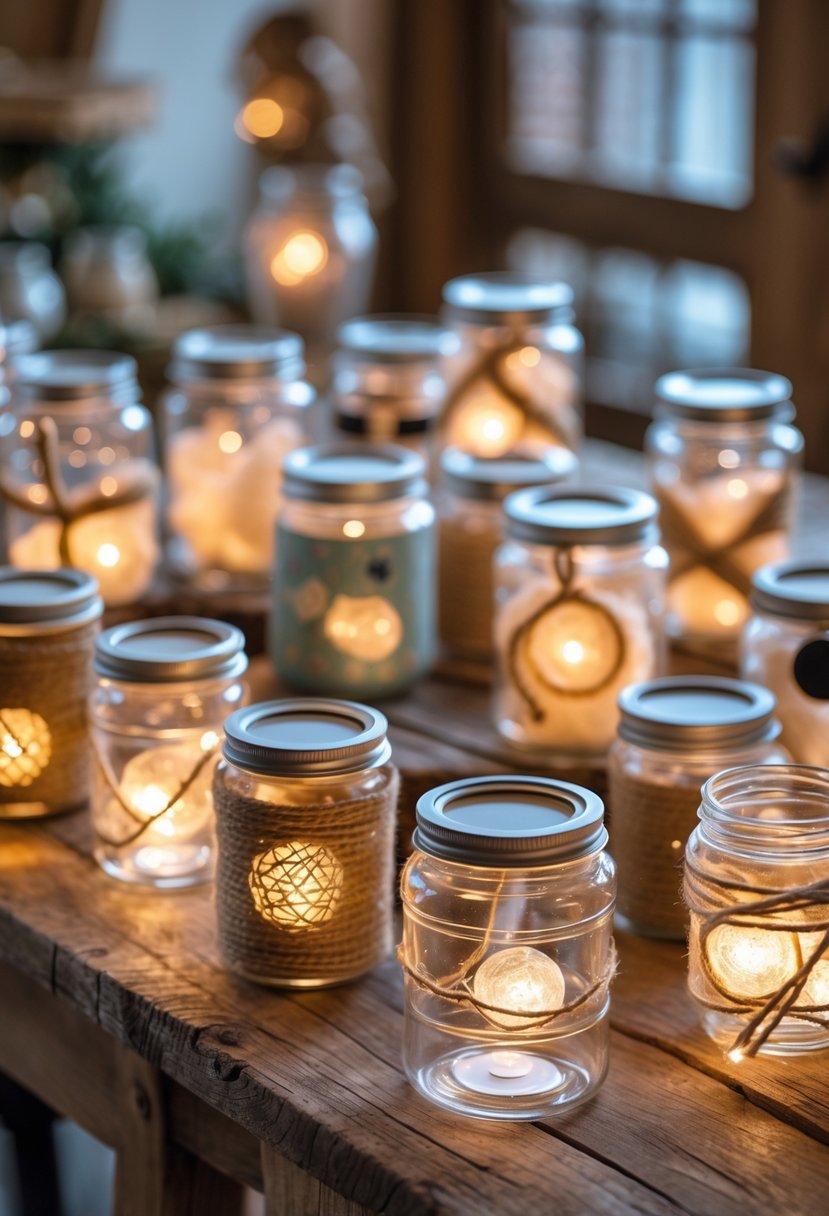 A group of glowing rechargeable LED plastic jar lights arranged on a wooden surface with decorative craft elements around them.