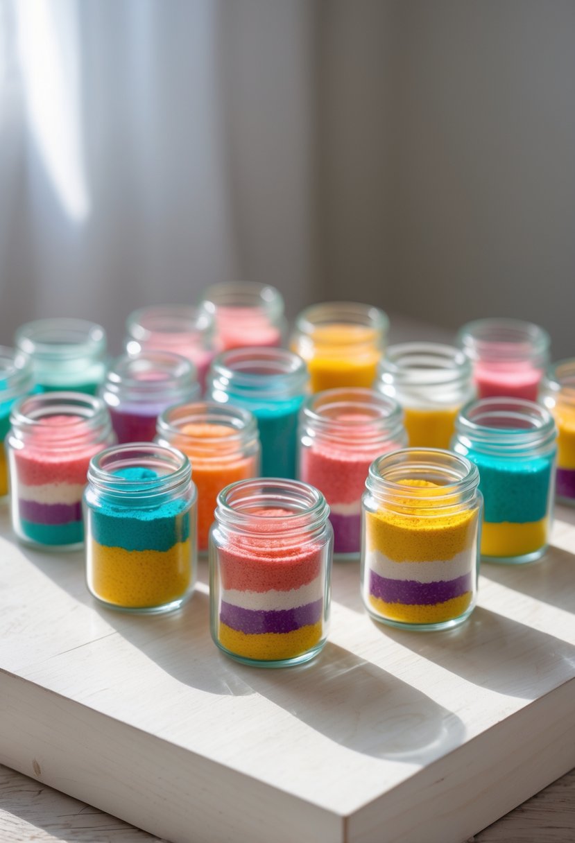A collection of small glass jars filled with colorful layered sand arranged on a wooden surface.